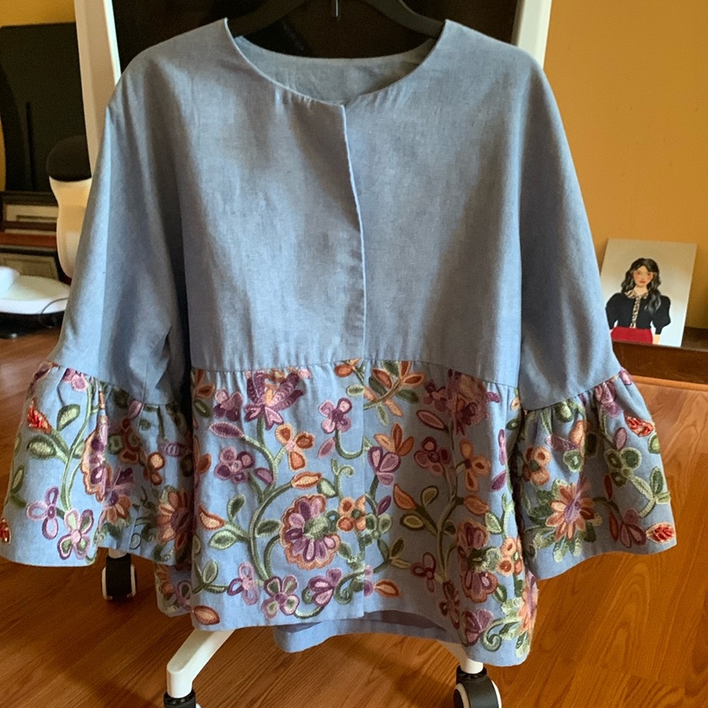 Blue Blazer with Embroided Flowers